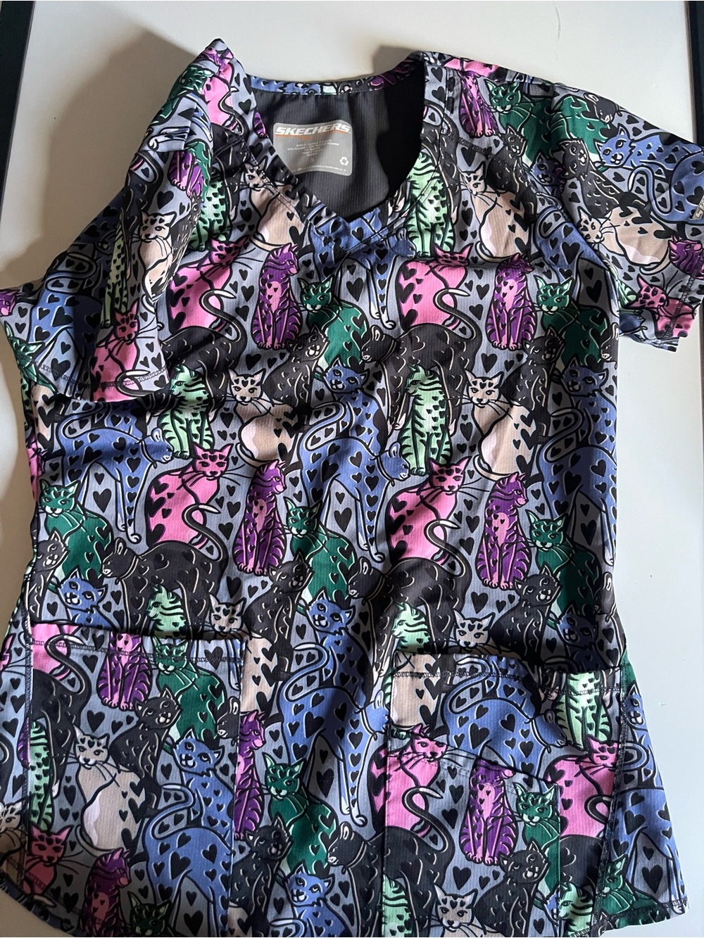 Skechers Multicolor Cat Print Scrub Top - Pink, Green, Blue, Purple, Black